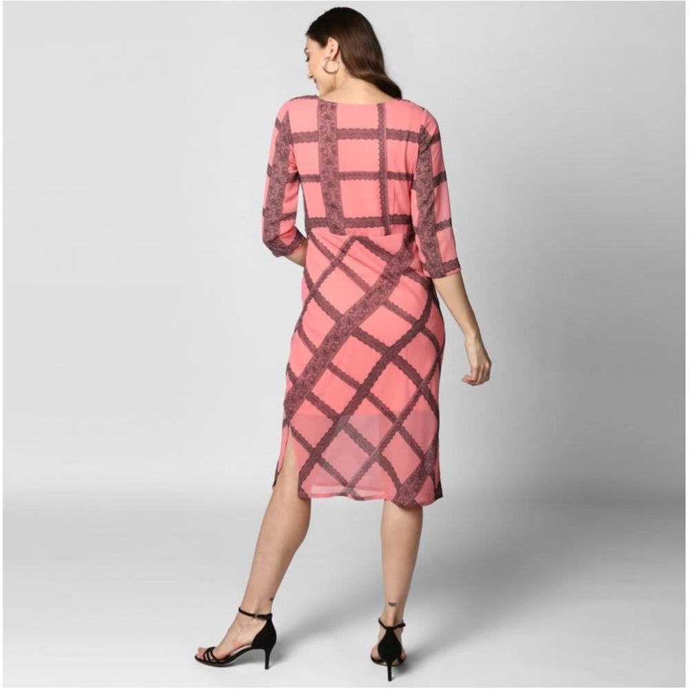 Amfyn Women's Polyester Checkered 3-4th Sleeves Below Knee Dress (Pink - Black)