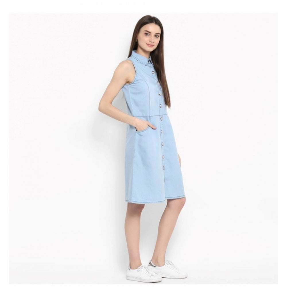 Amfyn Women's Denim Solid Sleeveless Below Knee Dress (Blue)