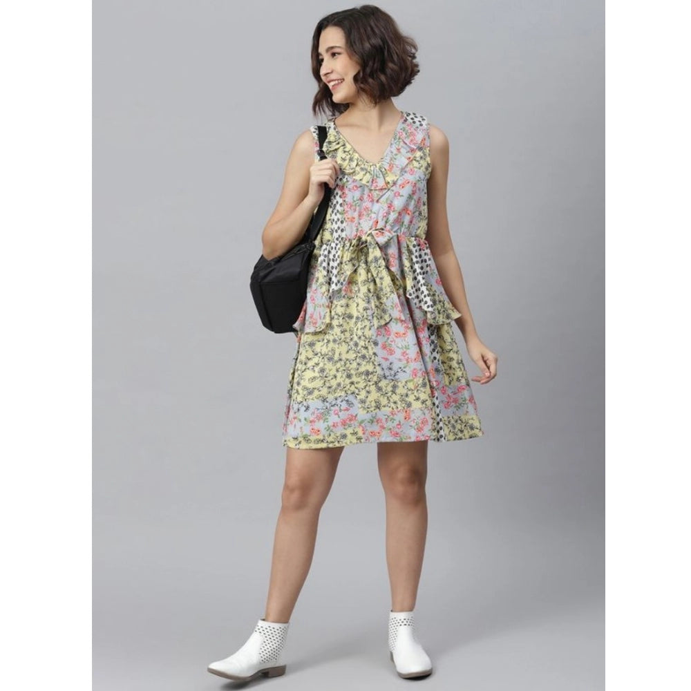Amfyn Women's Polyester Peplum Sleeveless Above Knee Dress (Multicolor)