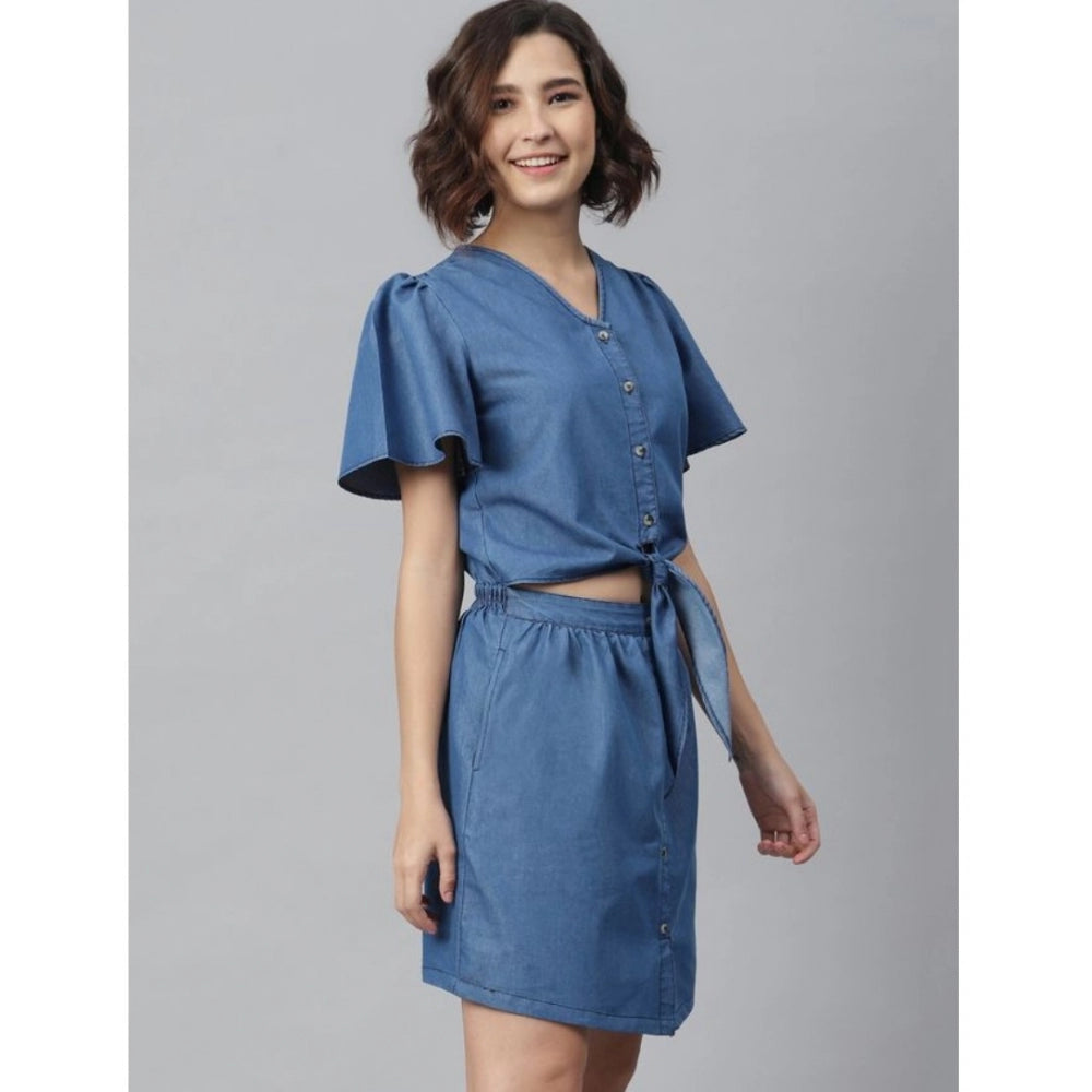 Amfyn Women's Denim Solid Flutter Above Knee Dress (Blue)