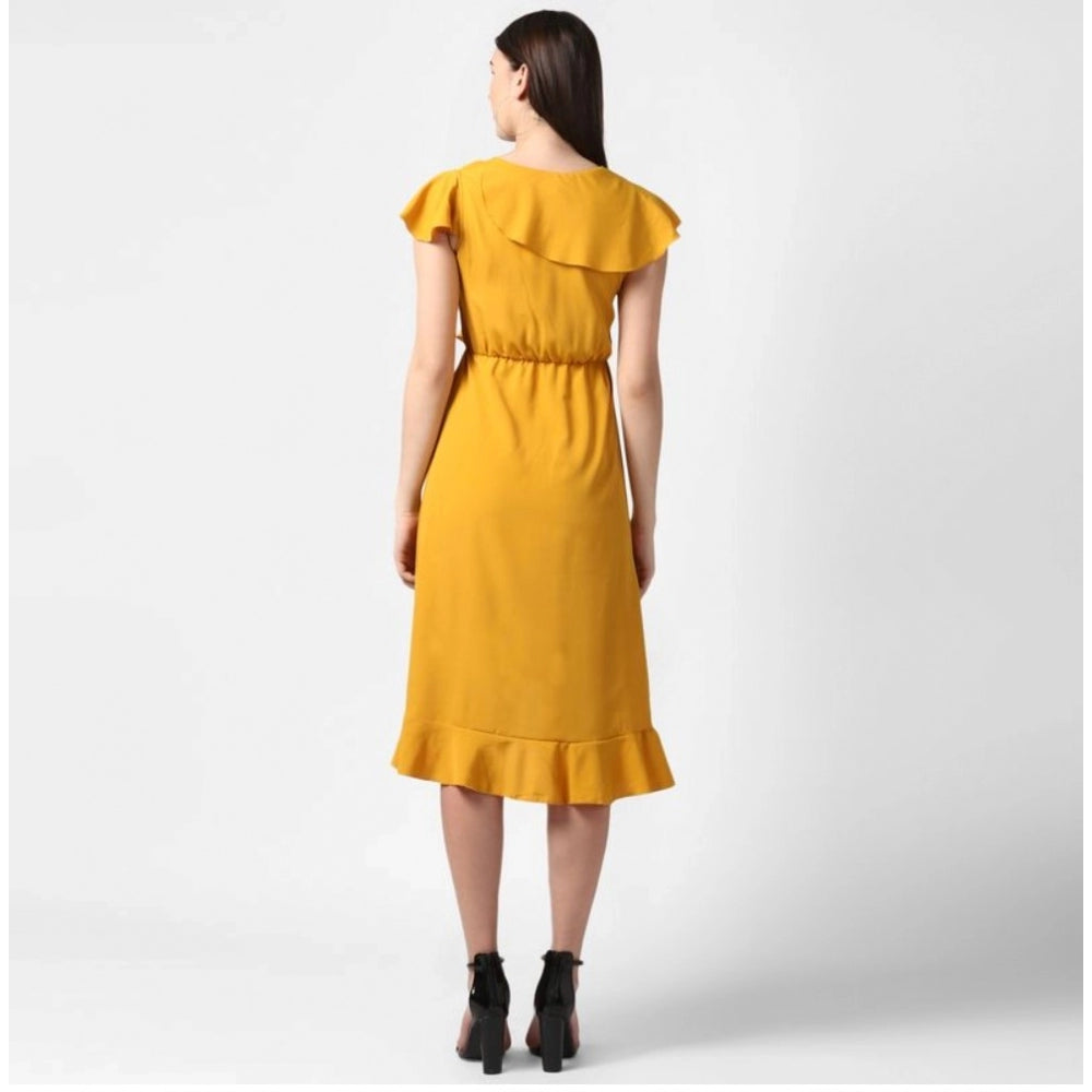 Amfyn Women's Polyester Ruffled Cap Sleeve Knee-Length Dress (Yellow)