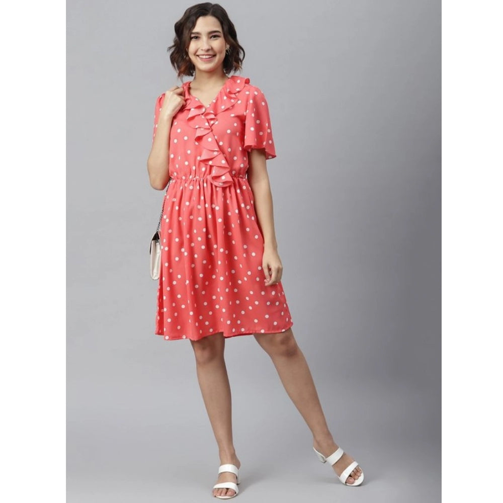 Amfyn Women's Polyester Polka Flutter Above Knee Dress (Coral)