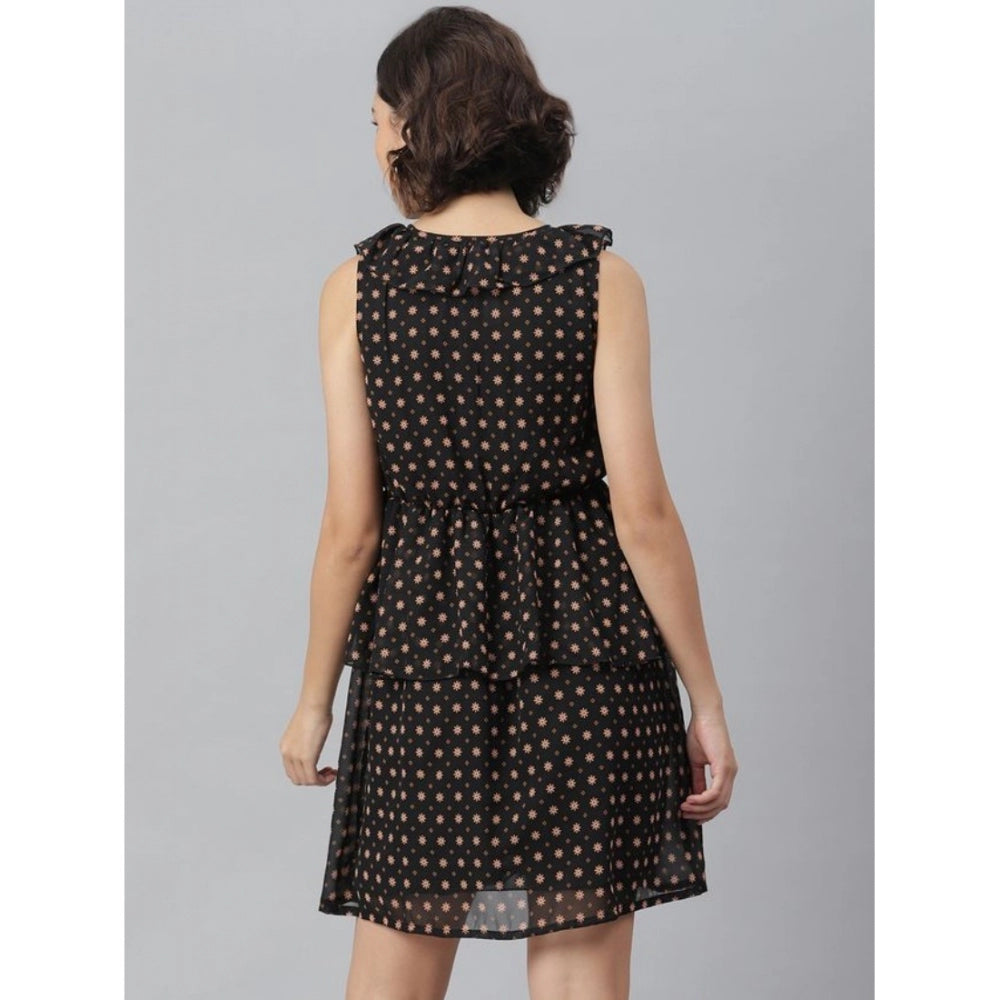Amfyn Women's Polyester Peplum Sleeveless Above Knee Dress (Black)