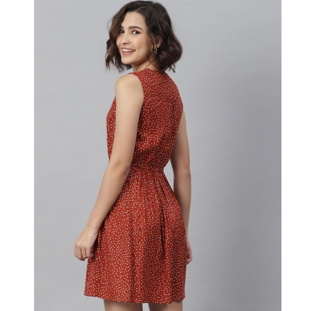 Amfyn Women's Rayon Polka Sleeveless Above Knee Dress (Rust)