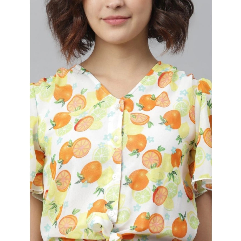Amfyn Women's Polyester Printed Flutter Above Knee Dress (Orange - Yellow)