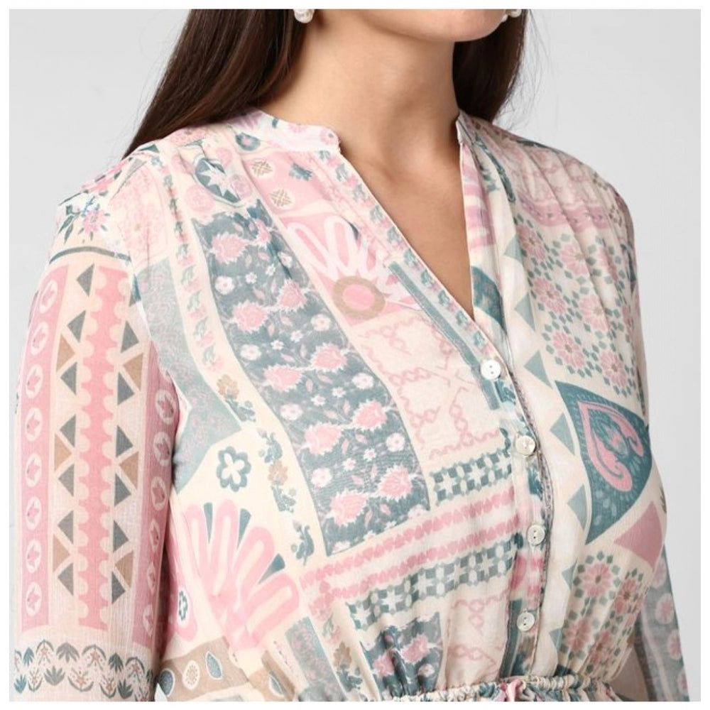 Amfyn Women's Polyester Printed Long Sleeves Above Knee Dress (Light Pink - Off White)