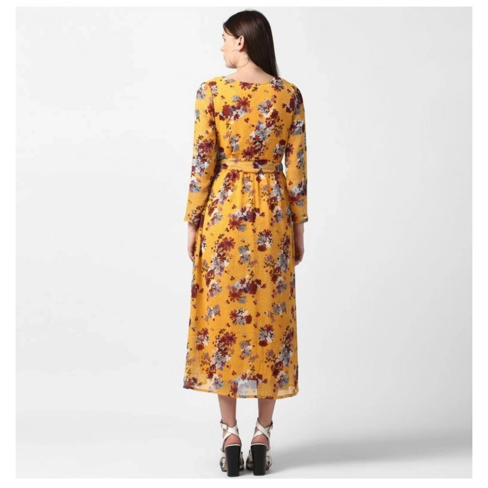Amfyn Women's Polyester Floral Long Sleeves Calf-length Dress (Yellow)