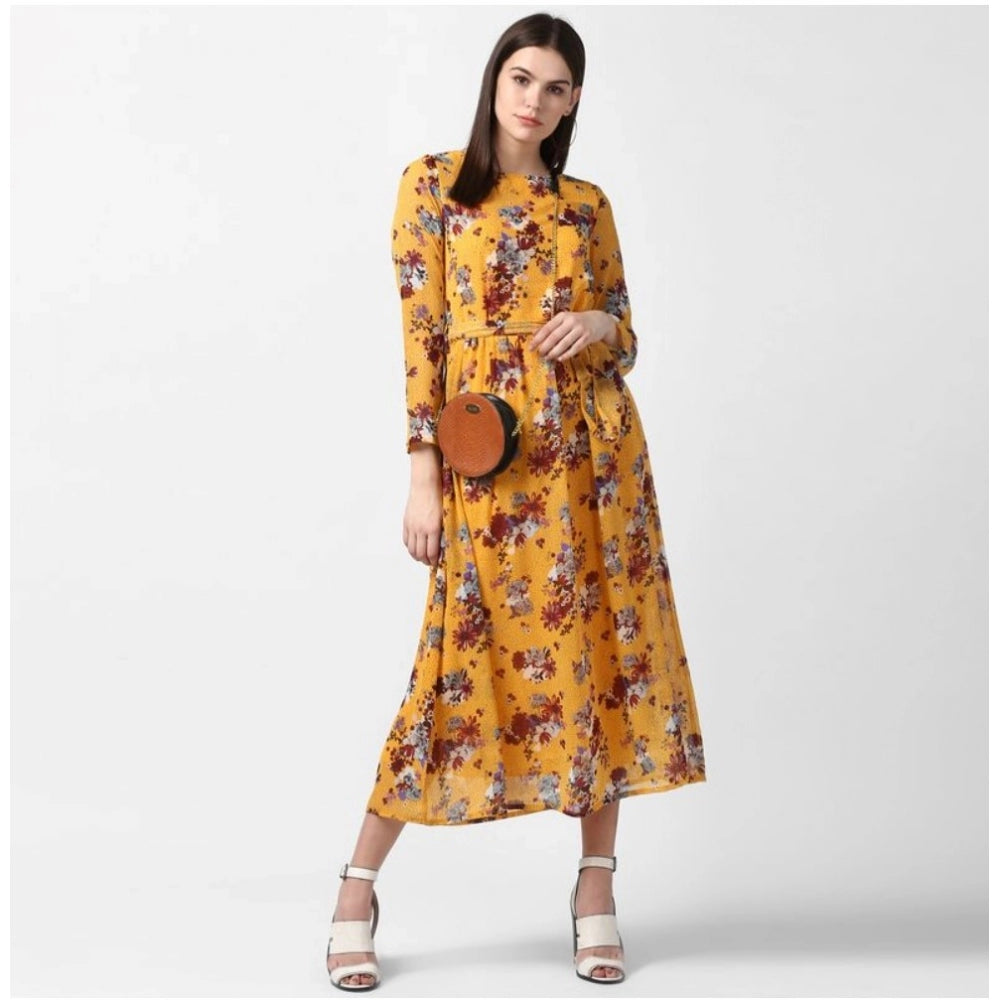 Amfyn Women's Polyester Floral Long Sleeves Calf-length Dress (Yellow)