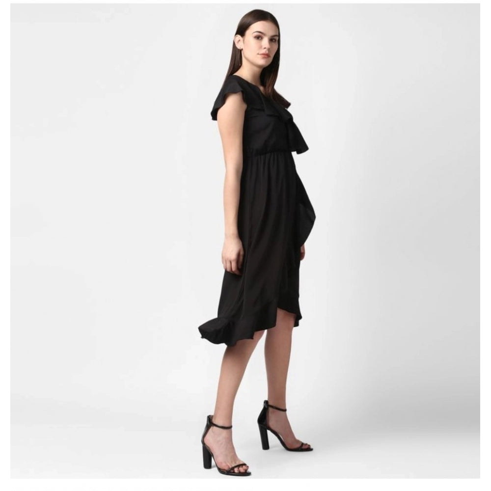 Amfyn Women's Polyester Ruffled Cap Sleeve Knee-Length Dress (Black)