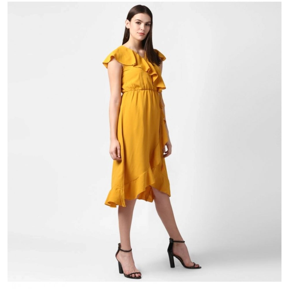 Amfyn Women's Polyester Ruffled Cap Sleeve Knee-Length Dress (Yellow)