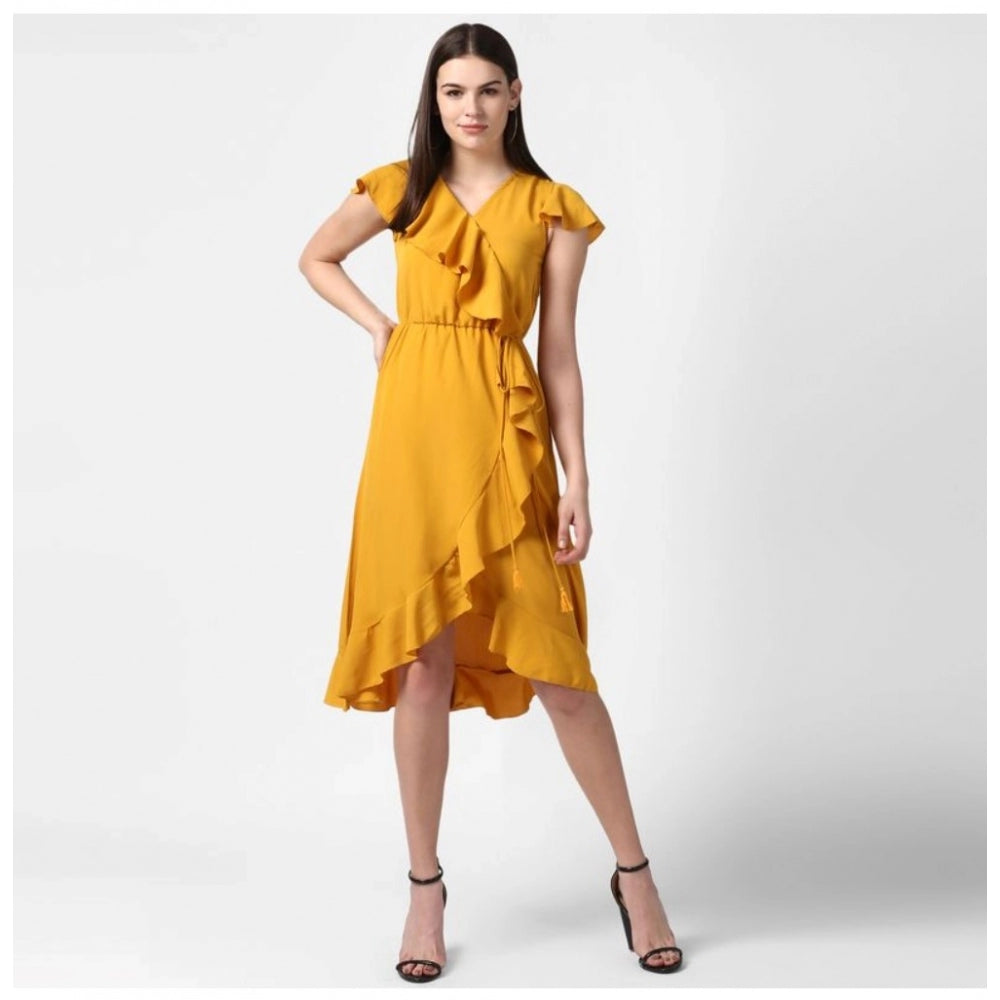 Amfyn Women's Polyester Ruffled Cap Sleeve Knee-Length Dress (Yellow)