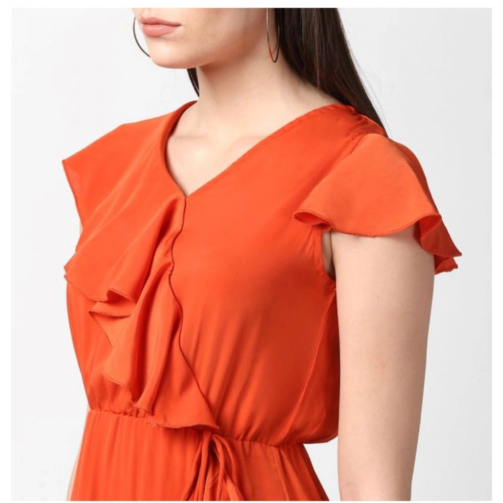 Amfyn Women's Polyester Ruffled Cap Sleeve Knee-Length Dress (Orange)