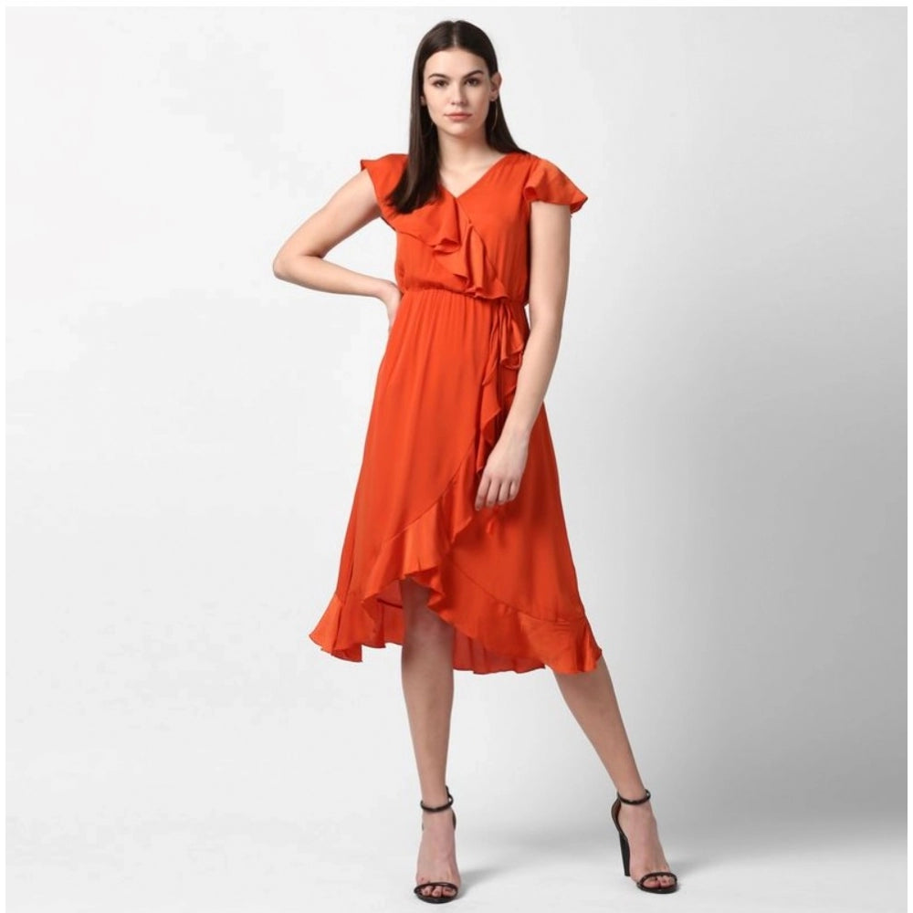 Amfyn Women's Polyester Ruffled Cap Sleeve Knee-Length Dress (Orange)