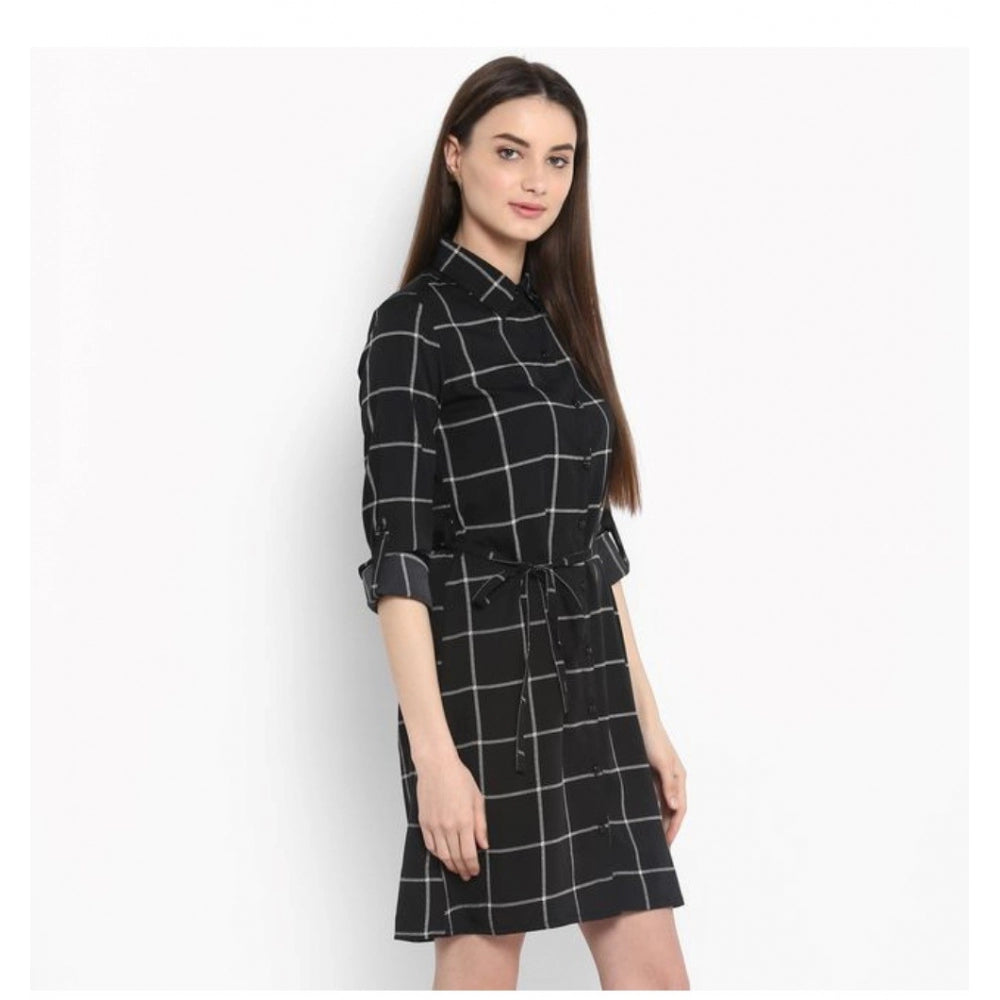 Amfyn Women's Polyester Checkered Roll Up Sleeve Above Knee Dress (Black - White)