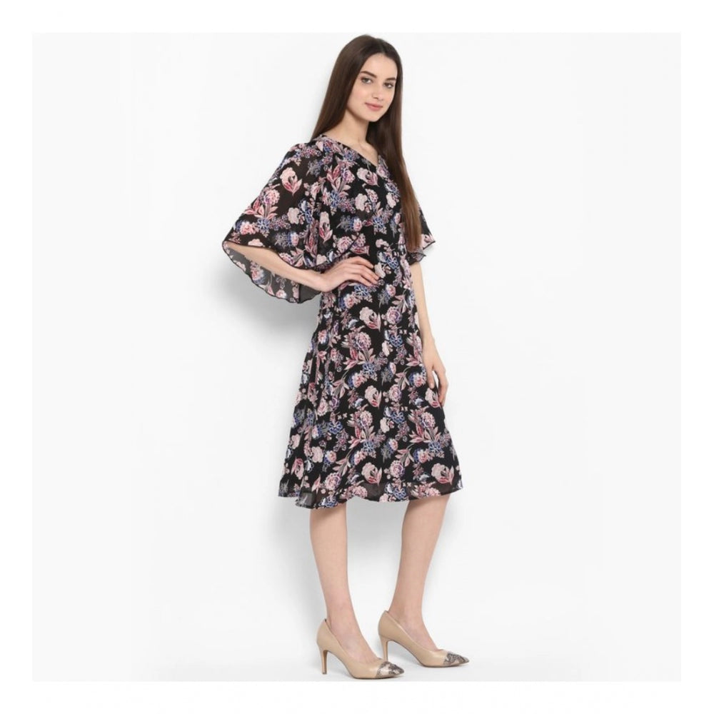 Amfyn Women's Polyester Floral Short Sleeve Knee-Length Dress (Black - Multicolor)