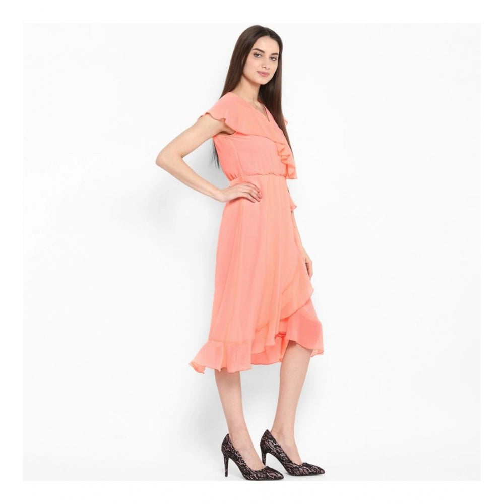 Amfyn Women's Polyester Ruffled Cap Sleeve Below Knee Dress (Neon Pink)