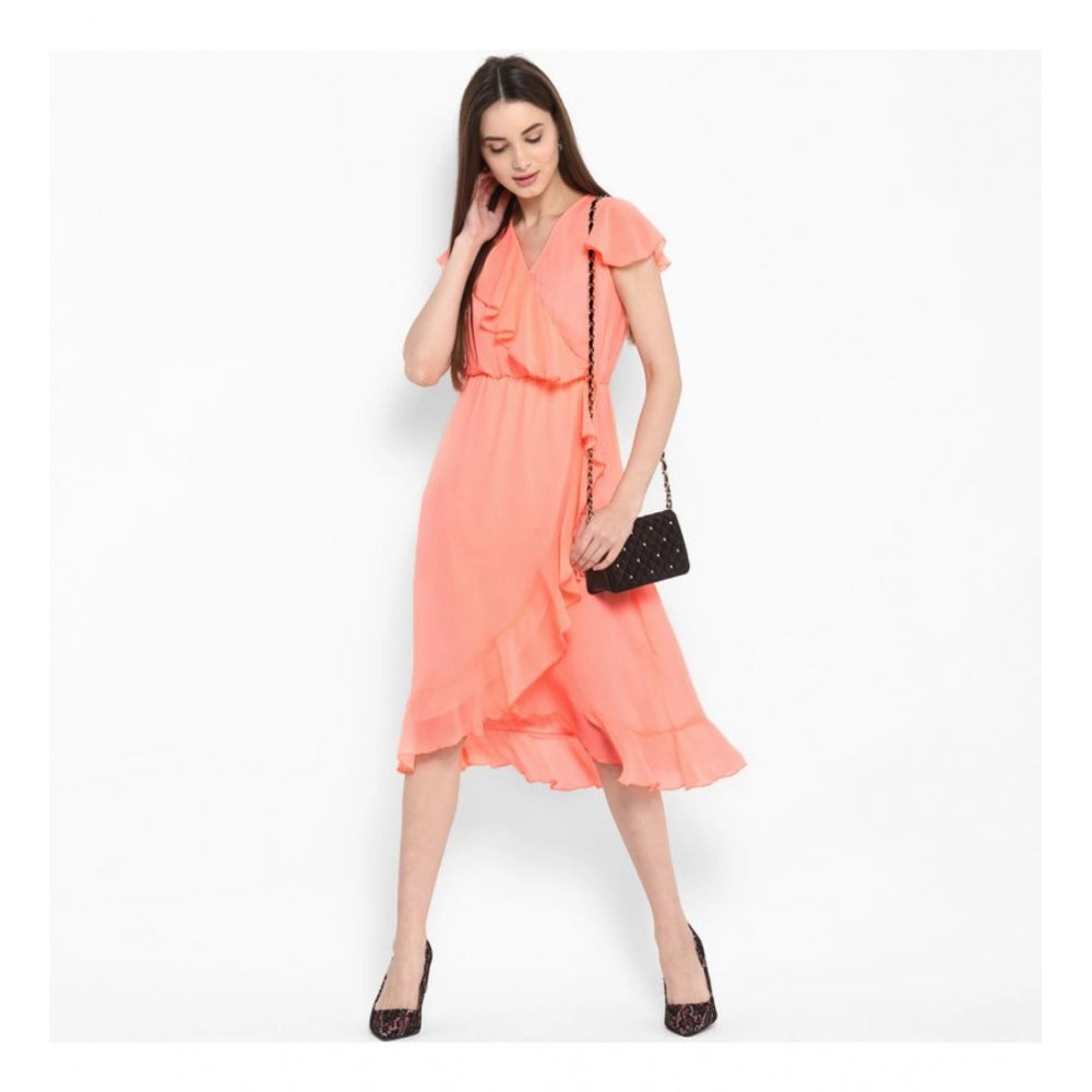 Amfyn Women's Polyester Ruffled Cap Sleeve Below Knee Dress (Neon Pink)