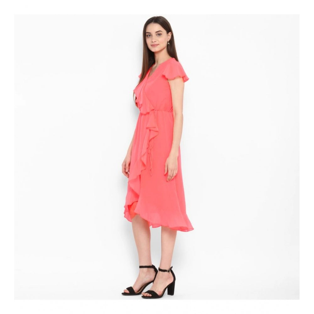 Amfyn Women's Polyester Ruffled Cap Sleeve Below Knee Dress (Coral Pink)