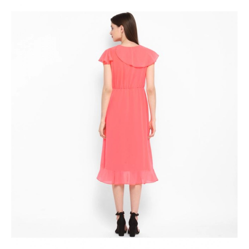 Amfyn Women's Polyester Ruffled Cap Sleeve Below Knee Dress (Coral Pink)