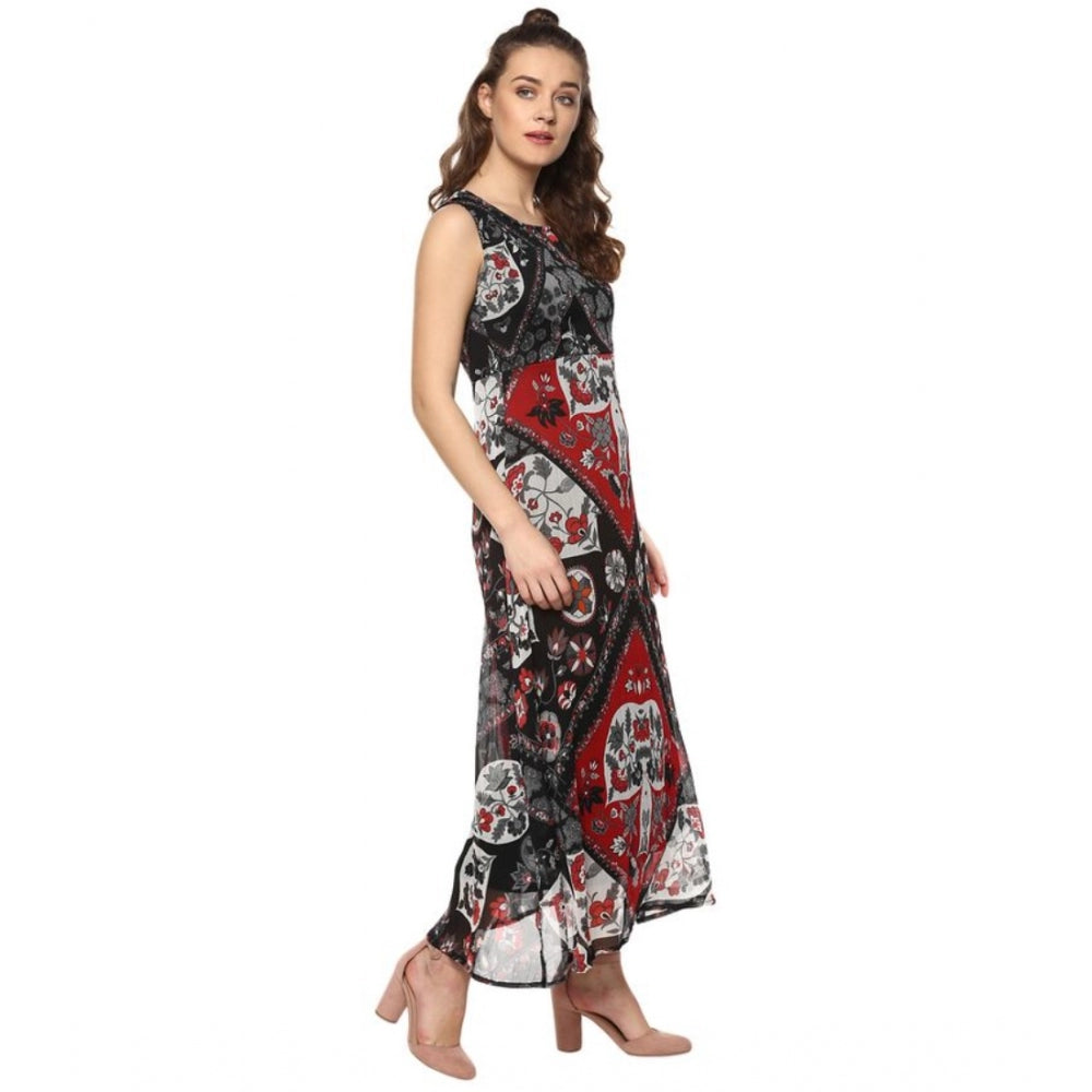 Amfyn Women's Polyester Printed Sleeveless Dress (Red - Black)