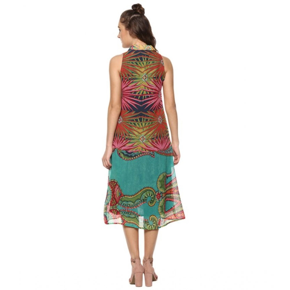 Amfyn Women's Polyester Floral Sleeveless Below Knee Dress (Multicolor)