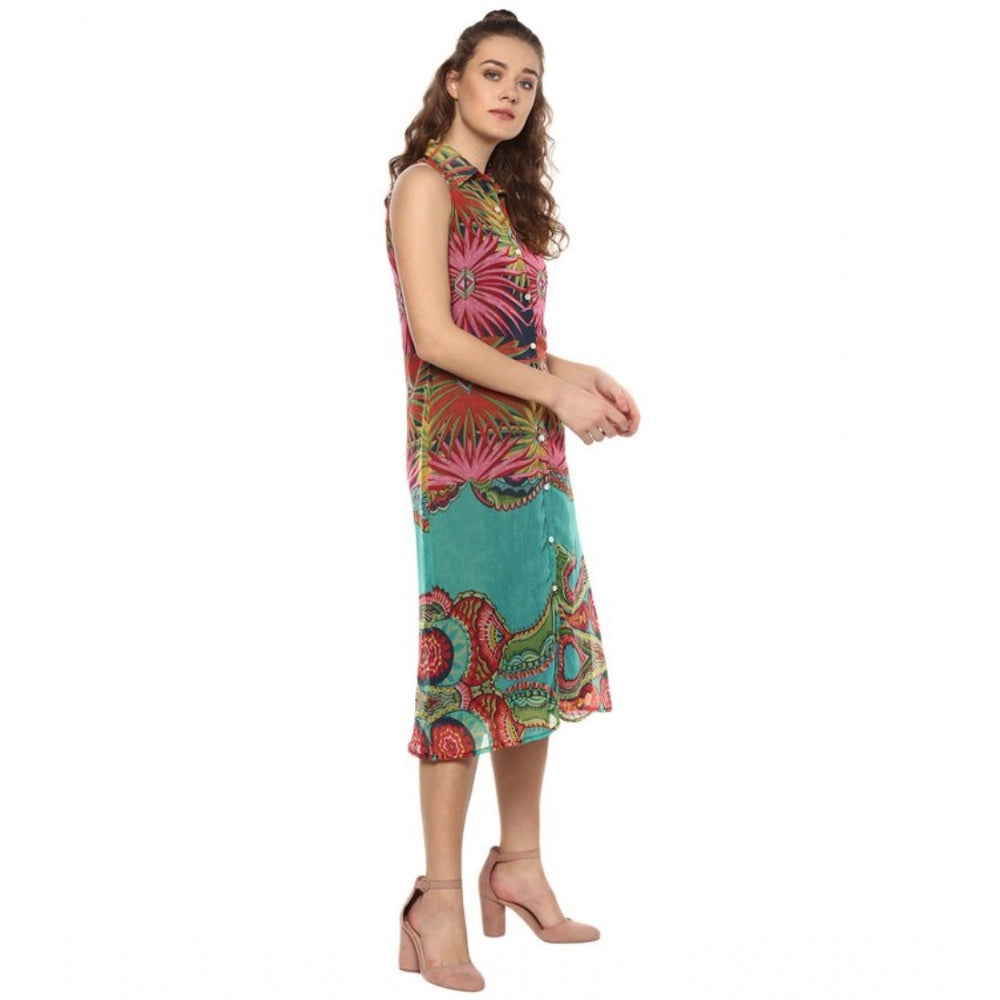 Amfyn Women's Polyester Floral Sleeveless Below Knee Dress (Multicolor)