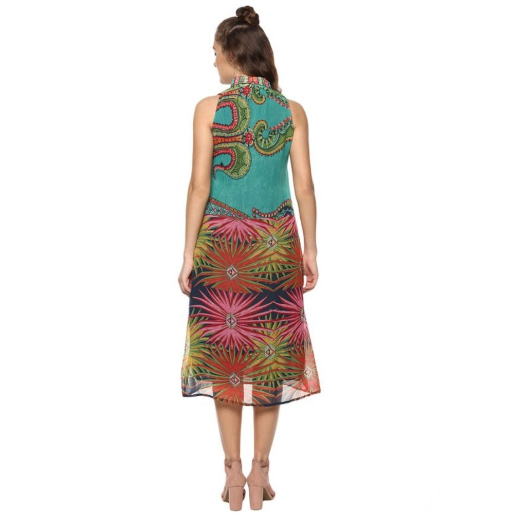 Amfyn Women's Polyester Floral Sleeveless Below Knee Dress (Multicolor)