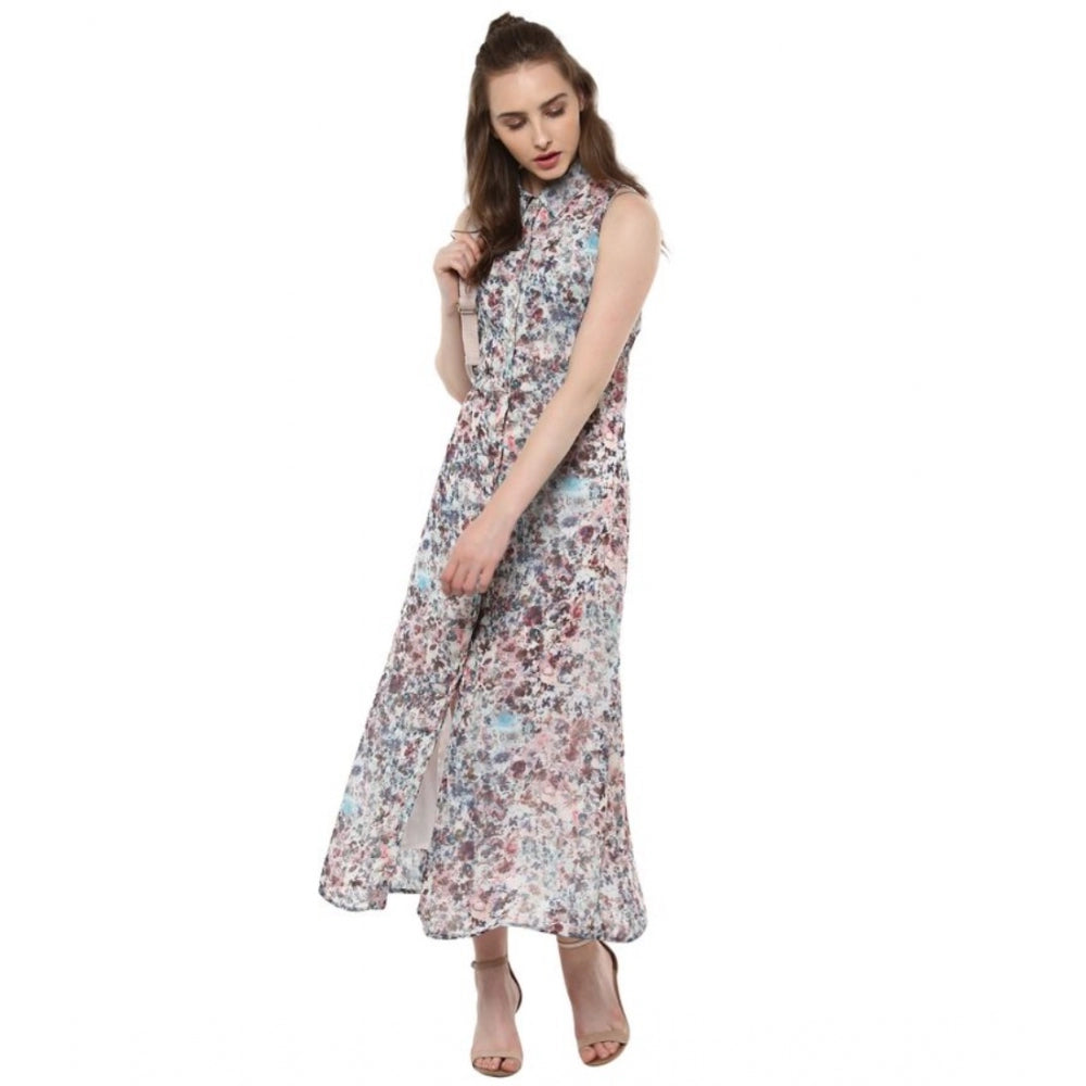 Amfyn Women's Polyester Chiffon Printed Sleeveless Dress (Multicolor)