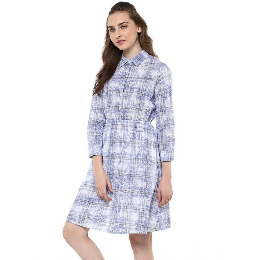 Amfyn Women's Cotton Checkered Roll Up Sleeve Above Knee Dress (Blue)