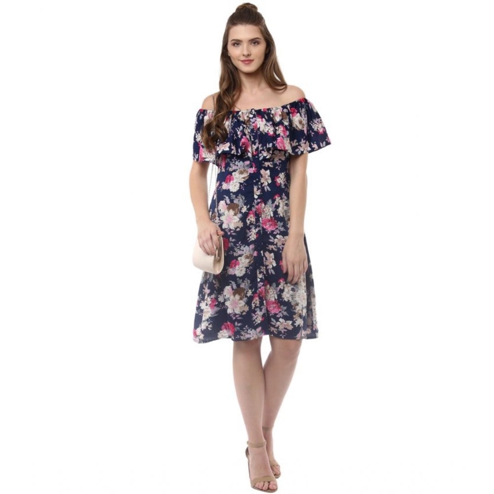 Amfyn Women's Polyester Crepe Floral Half Sleeve Above Knee Dress (Navy Blue)