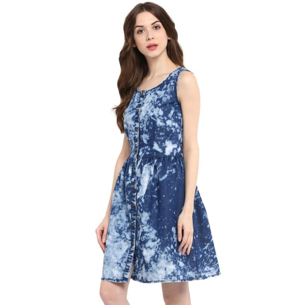 Amfyn Women's Denim Tie &amp; Dye Sleeveless Above Knee Dress (Blue)