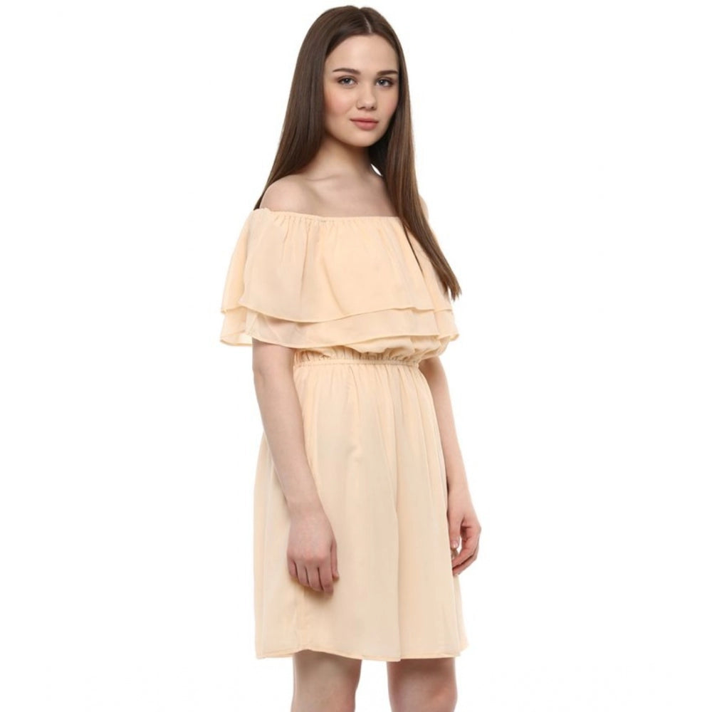 Amfyn Women's Polyester Solid Sleeveless Knee-Length Dress (Beige)