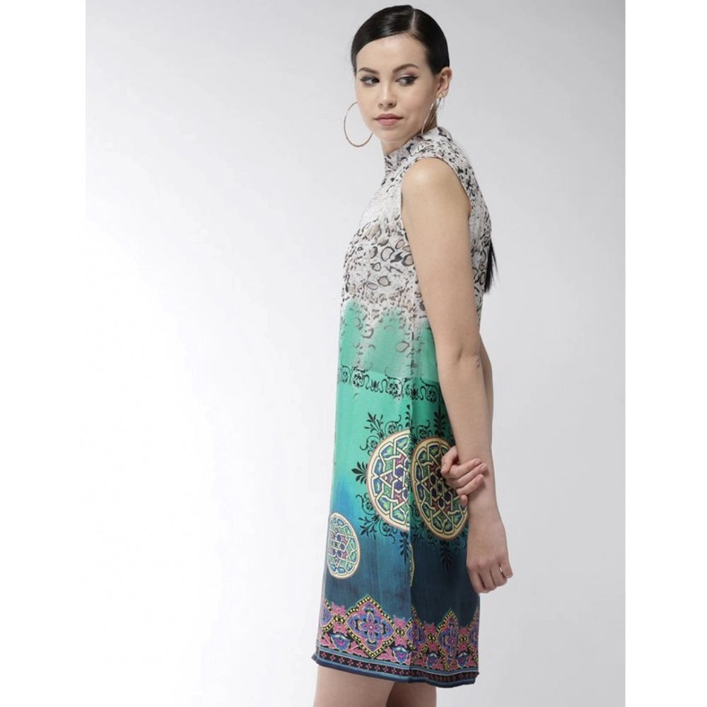 Amfyn Women's Polyester Printed Sleeveless Above Knee Dress (Multicolor)