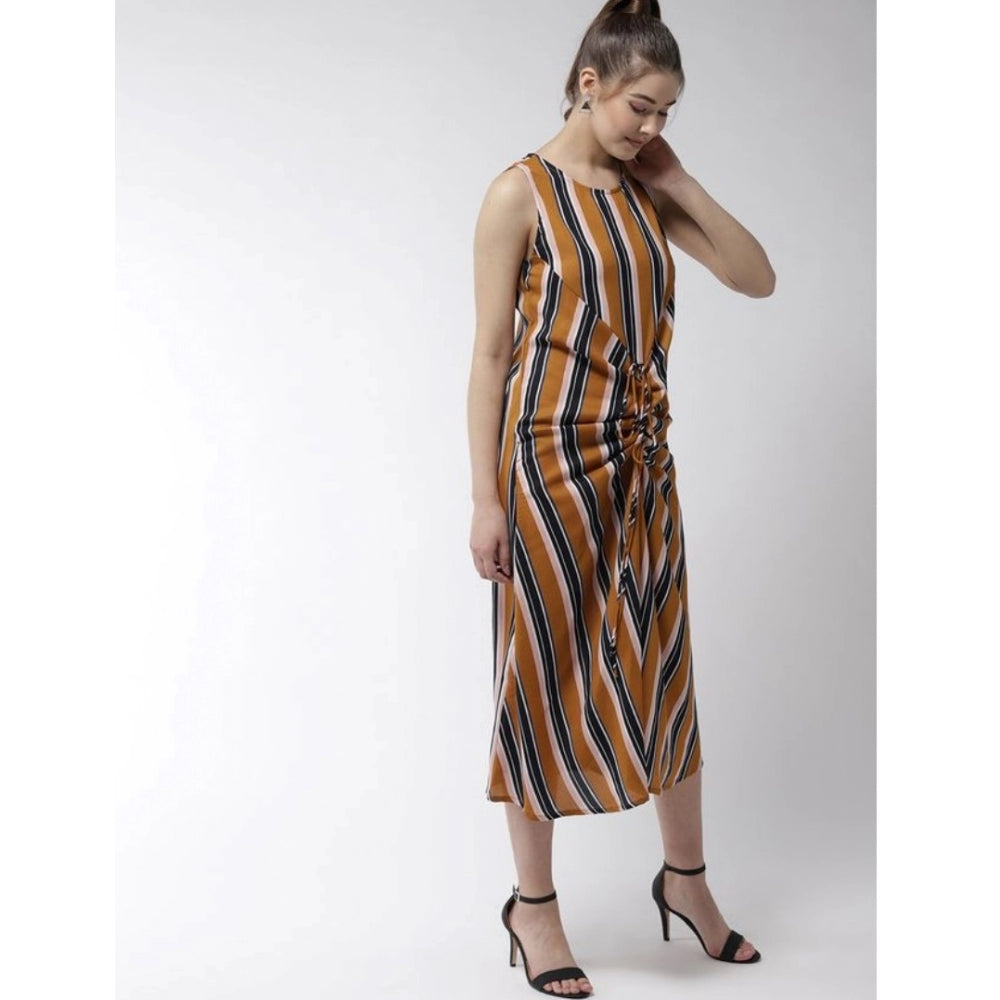 Amfyn Women's Polyester Striped Sleeveless Below Knee Dress (Mustard)