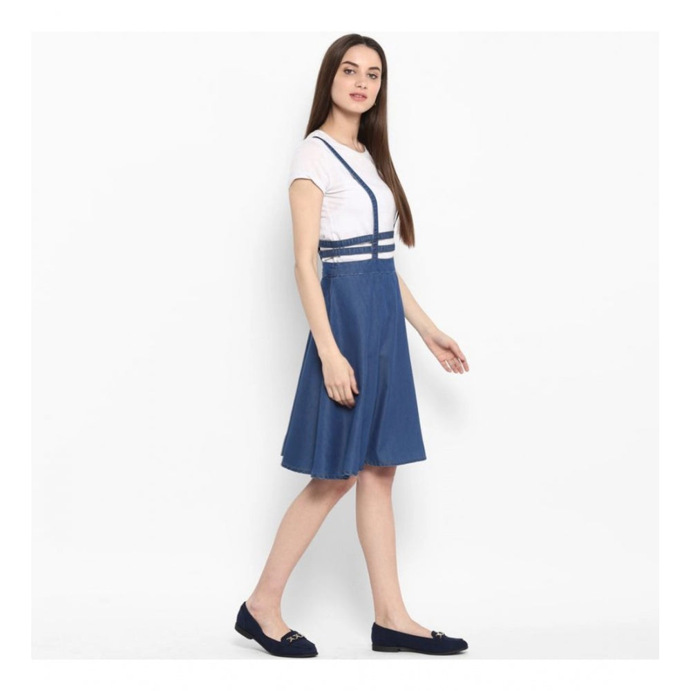 Amfyn Women's Denim Solid Shoulder Straps Below Knee Dress (Blue)