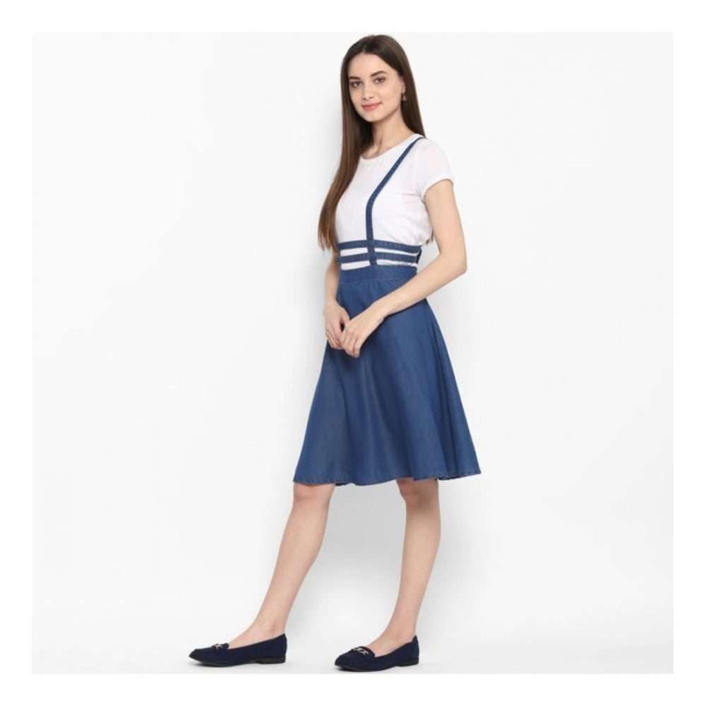 Amfyn Women's Denim Solid Shoulder Straps Below Knee Dress (Blue)
