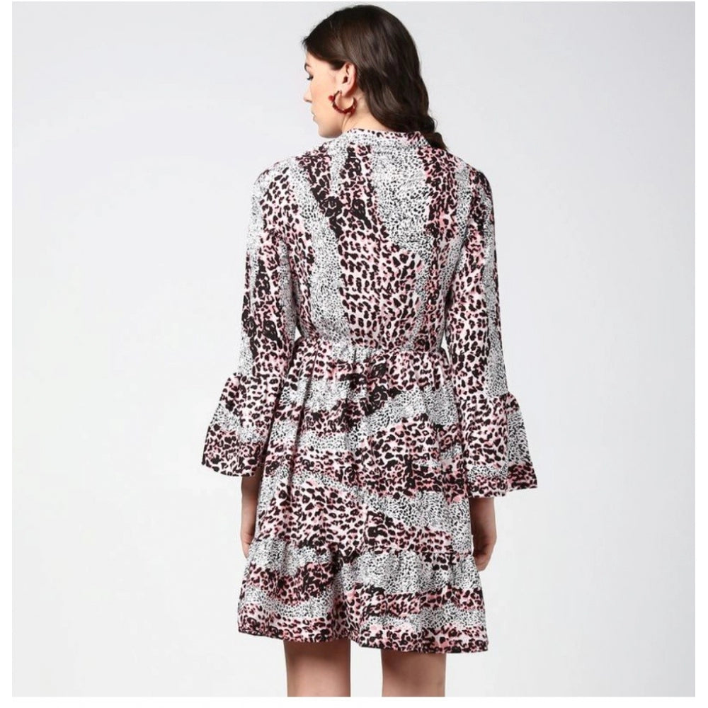 Amfyn Women's Polyester Animal Print Bell Sleeve Above Knee Dress (Pink - Black)