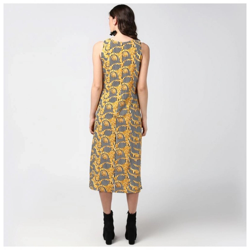 Amfyn Women's Polyester Chain Print Sleeveless Below Knee Dress (Yellow - Black)