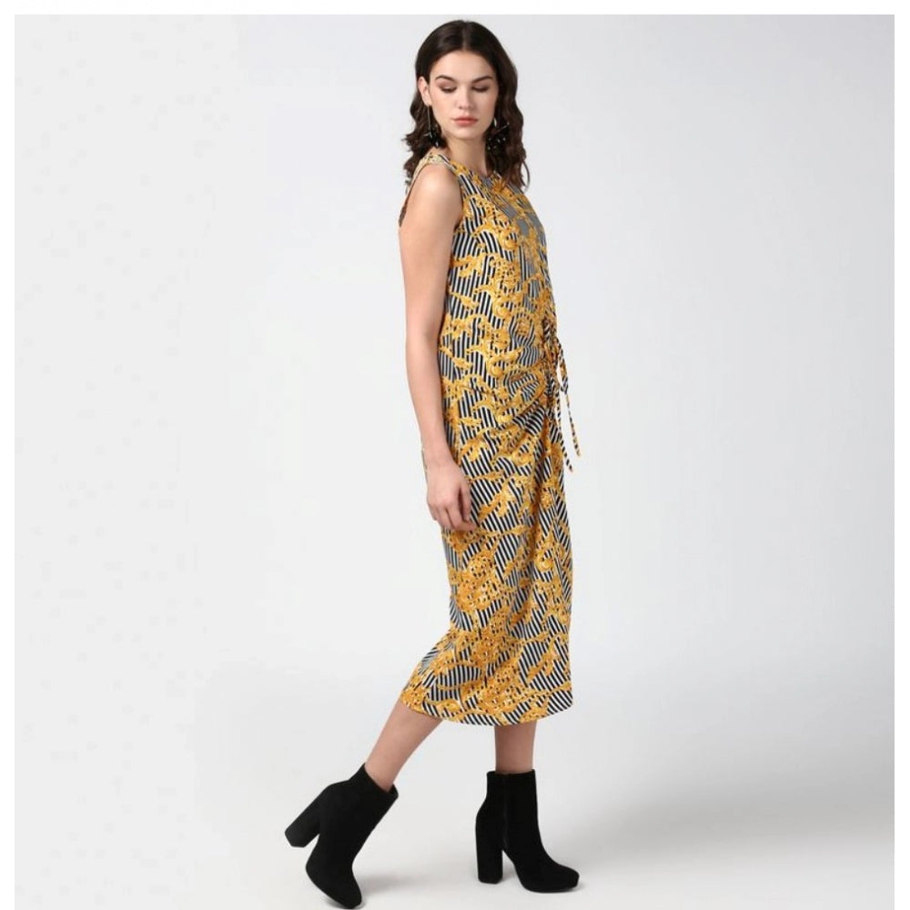 Amfyn Women's Polyester Chain Print Sleeveless Below Knee Dress (Yellow - Black)