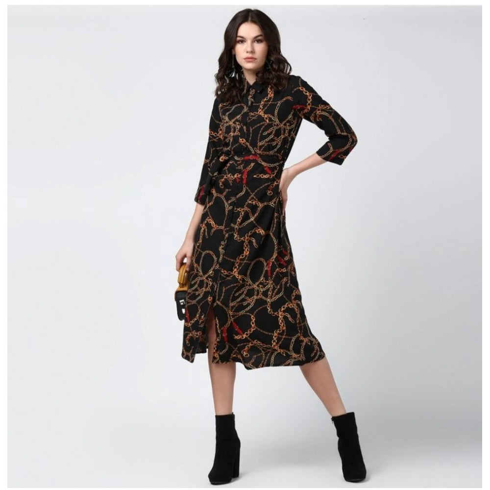 Amfyn Women's Polyester Chain Print Roll Up Sleeve Below Knee Dress (Black - Yellow)