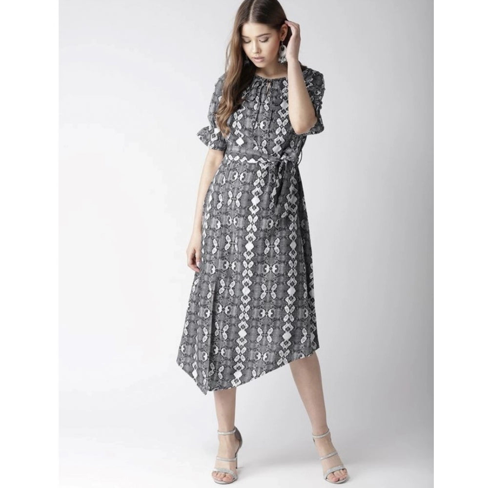 Amfyn Women's Polyester Animal Print Short Sleeve Knee-Length Dress (Black - White)