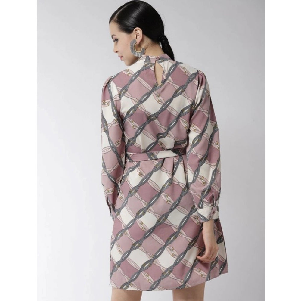 Amfyn Women's Polyester Checkered Long Sleeves Above Knee Dress (Off White - Lavender)