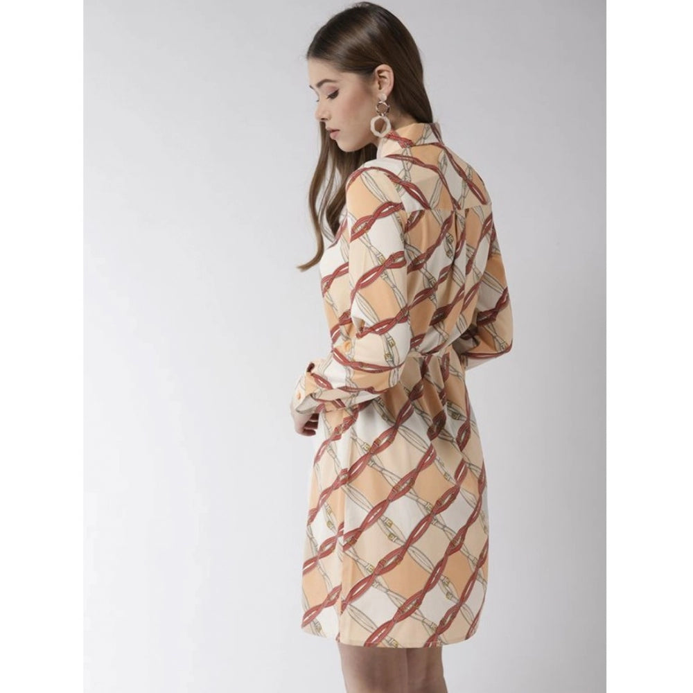 Amfyn Women's Polyester Printed Roll Up Sleeve Above Knee Dress (Off White - Brown)