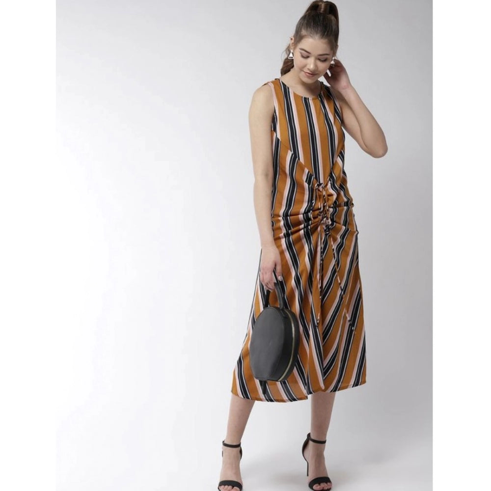 Amfyn Women's Polyester Striped Sleeveless Below Knee Dress (Mustard)
