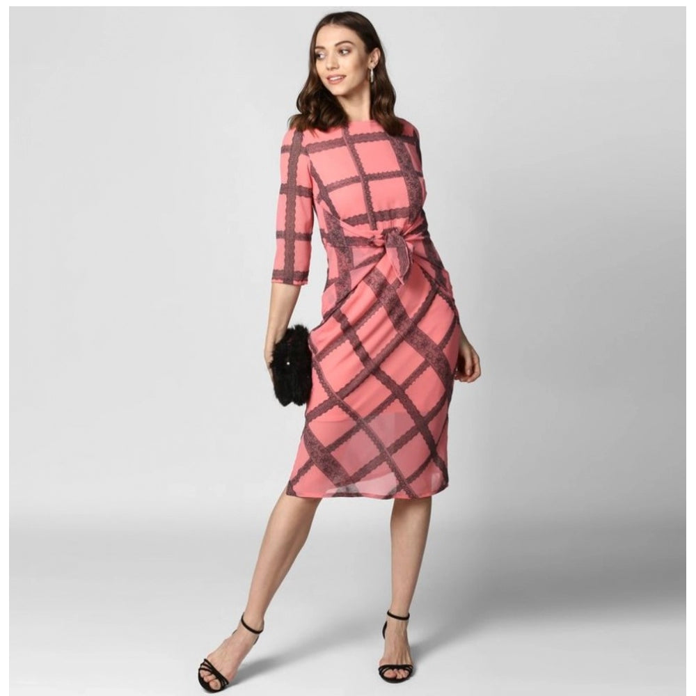 Amfyn Women's Polyester Checkered 3-4th Sleeves Below Knee Dress (Pink - Black)