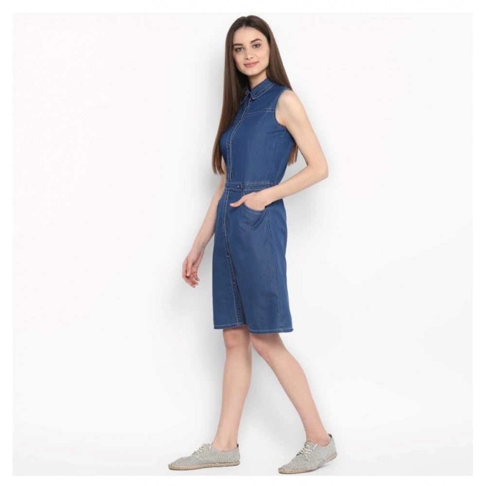 Amfyn Women's Denim Solid Sleeveless Above Knee Dress (Blue)