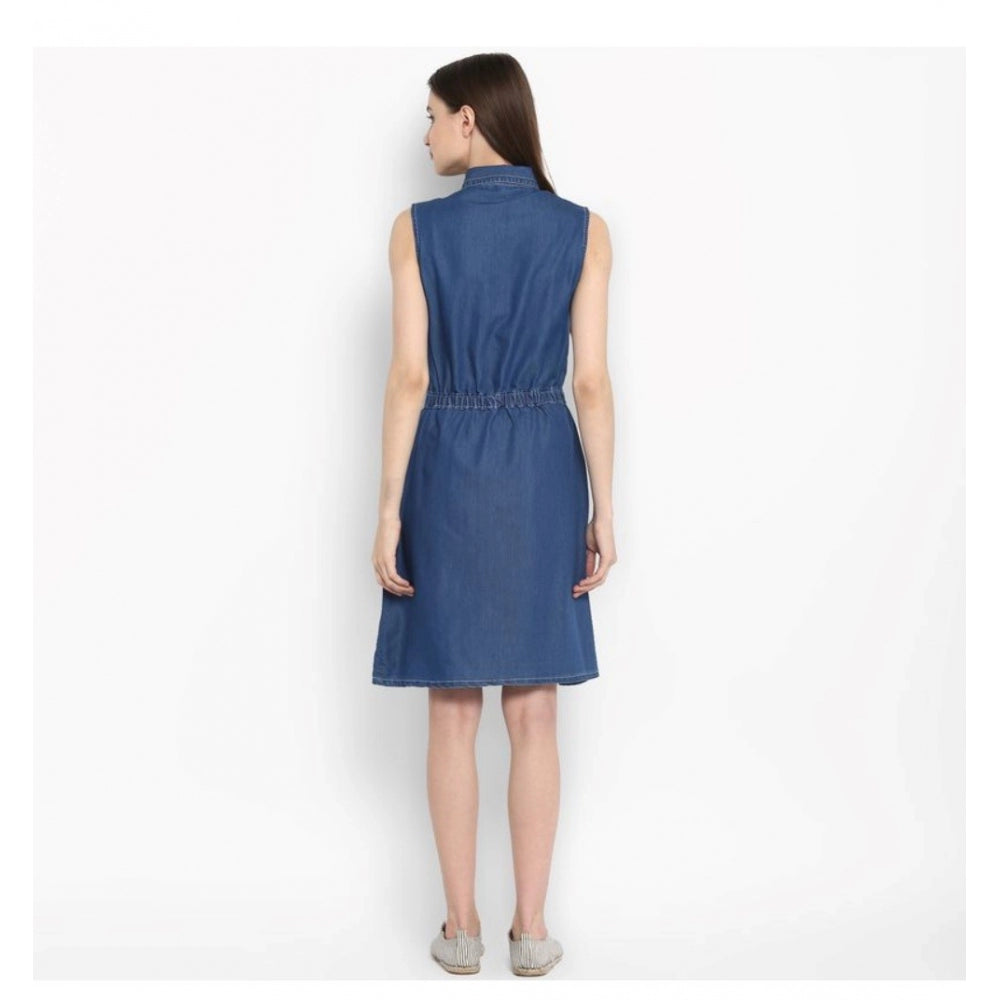 Amfyn Women's Denim Solid Sleeveless Above Knee Dress (Blue)