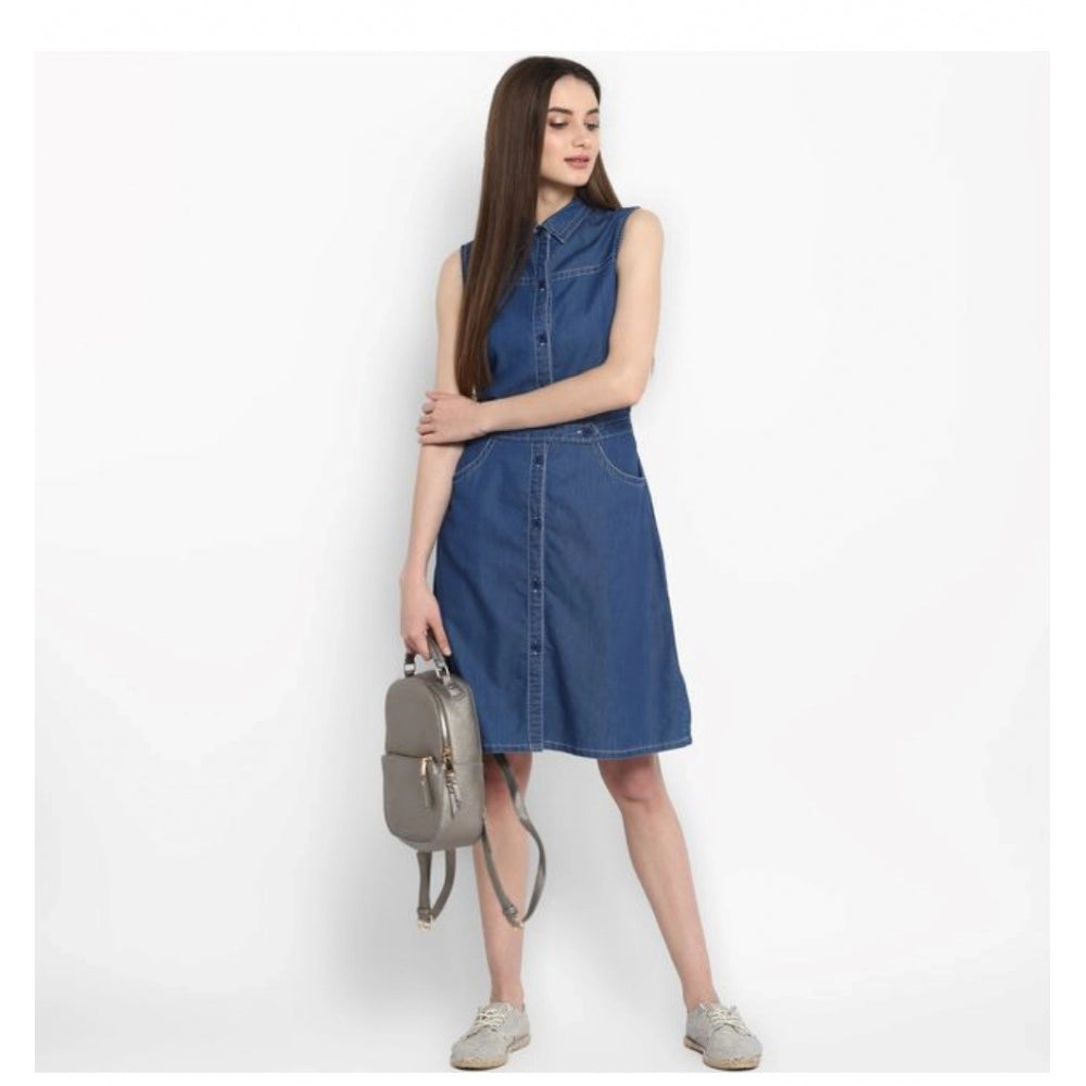 Amfyn Women's Denim Solid Sleeveless Above Knee Dress (Blue)