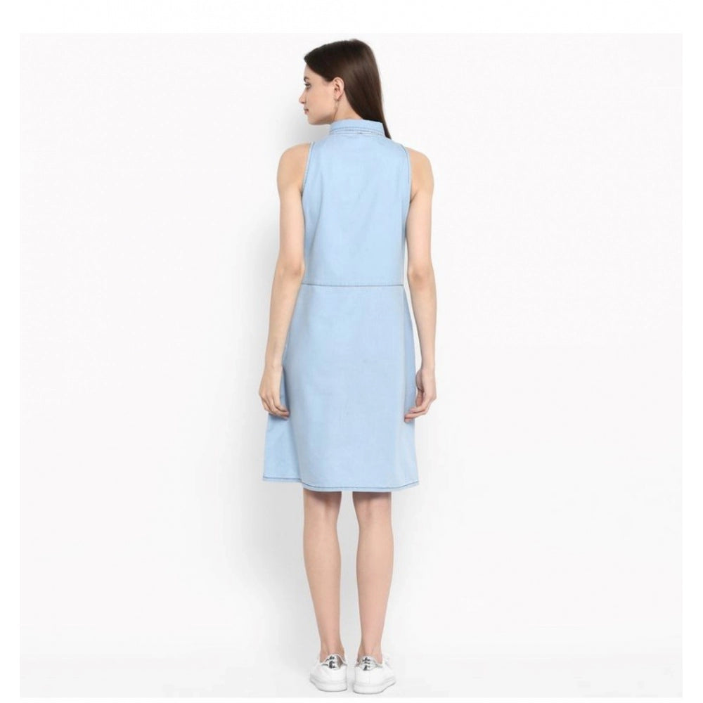 Amfyn Women's Denim Solid Sleeveless Below Knee Dress (Blue)