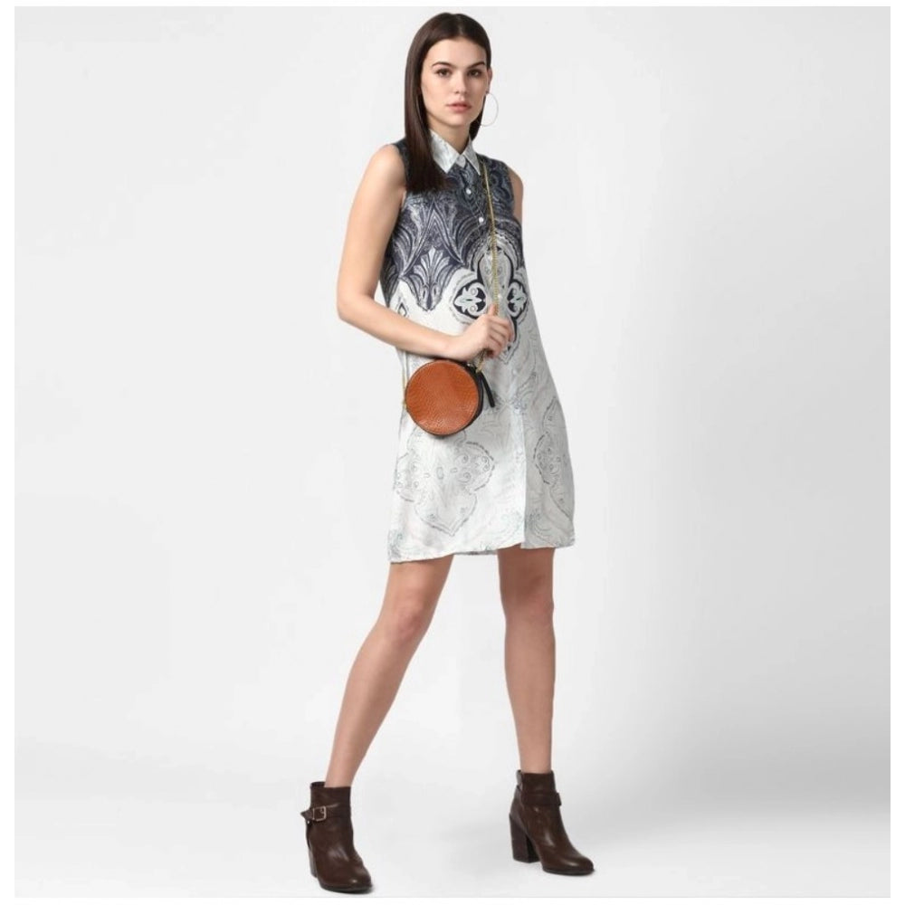 Amfyn Women's Polyester Printed Sleeveless Above Knee Dress (Blue)